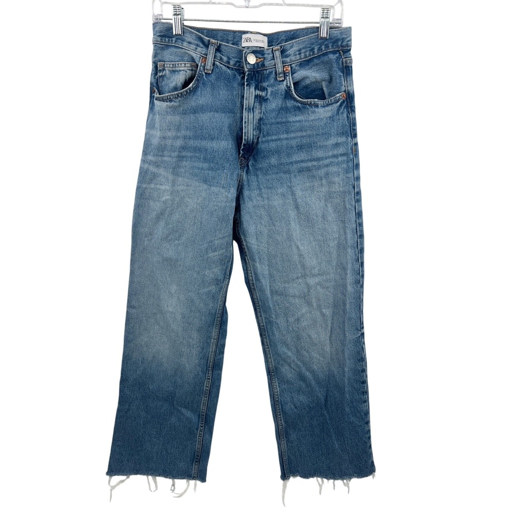 Zara High Waisted‎ Wide Leg Raw Hem Ankle Denim Jeans Size 6